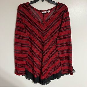 Cato Women’s Red & Black Sheer Striped Top Blouse Holiday Scoop Neck Lace Detail
